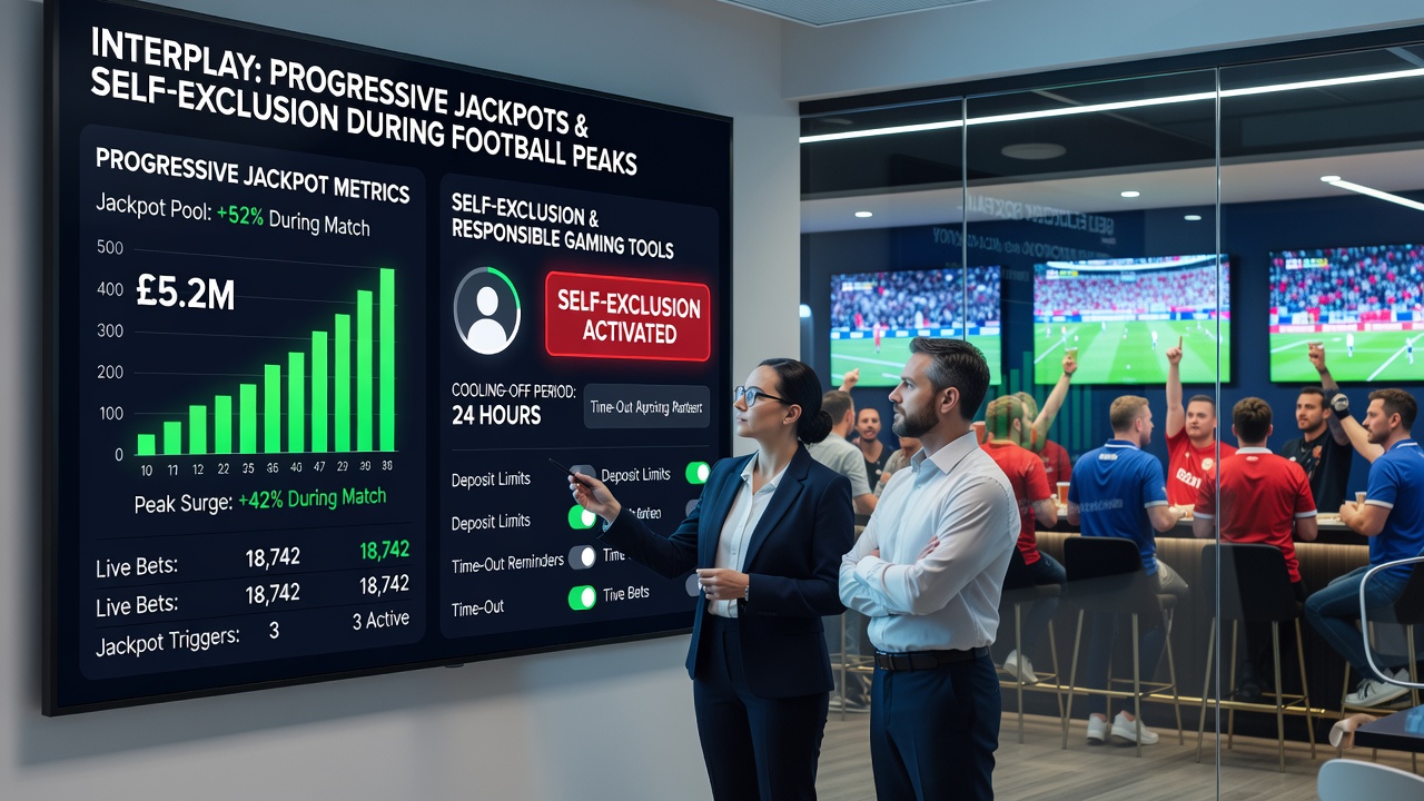 Analytics dashboard displaying jackpot growth curves next to self-exclusion activation trends across football and tennis calendar peaks