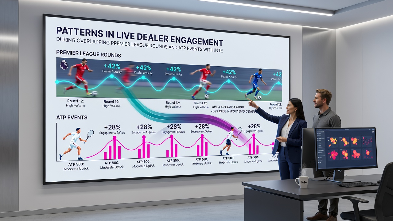 Dashboard view of engagement analytics showing live dealer and slot activity peaks during concurrent Premier League rounds and ATP tournaments